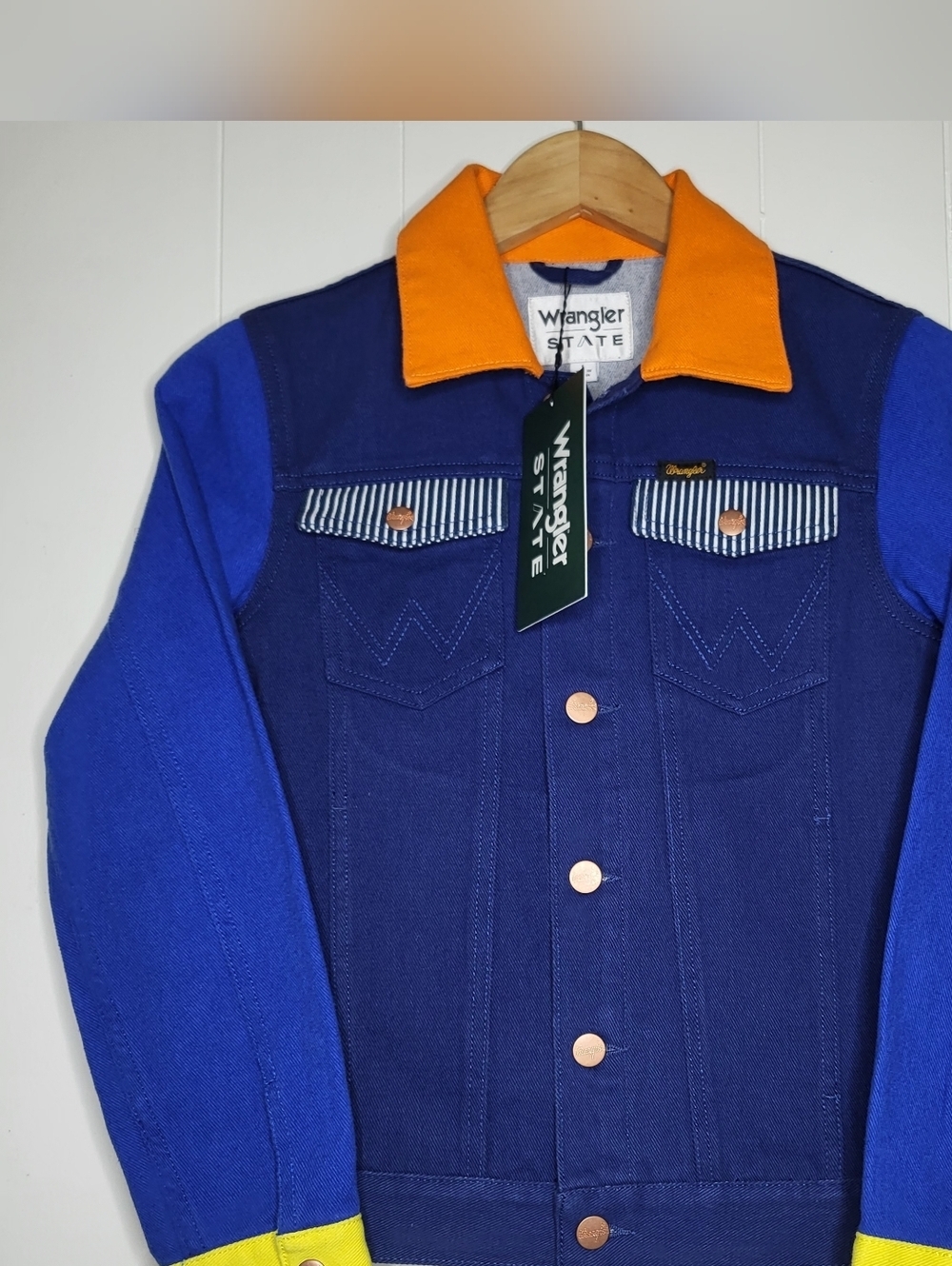 Wrangler Boy's Colorblock Denim Jacket in Navy & Royal Blue with Orange Collar